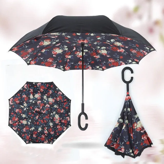 Semi-automatic Windproof Reverse Folding Umbrella Double Layer Inverted Self Stand Out Rain Gear C-Type Handle Hot Sale