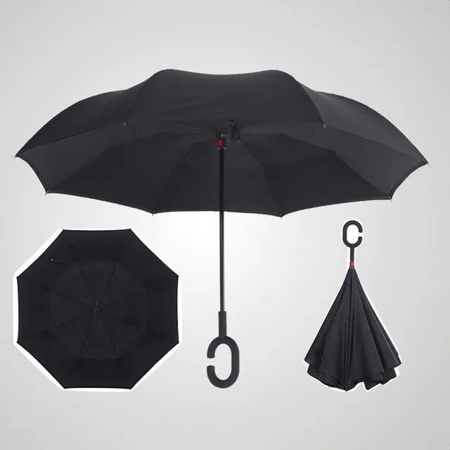 Semi-automatic Windproof Reverse Folding Umbrella Double Layer Inverted Self Stand Out Rain Gear C-Type Handle Hot Sale