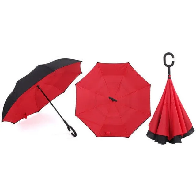 Semi-automatic Windproof Reverse Folding Umbrella Double Layer Inverted Self Stand Out Rain Gear C-Type Handle Hot Sale