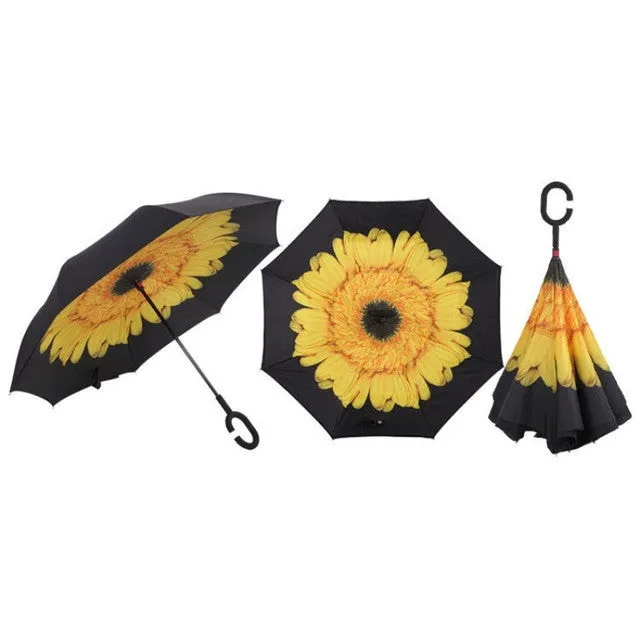 Semi-automatic Windproof Reverse Folding Umbrella Double Layer Inverted Self Stand Out Rain Gear C-Type Handle Hot Sale