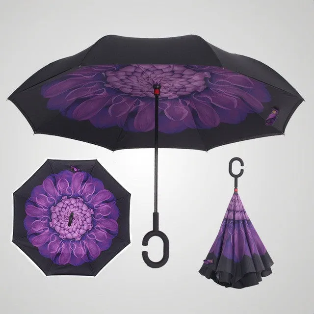 Semi-automatic Windproof Reverse Folding Umbrella Double Layer Inverted Self Stand Out Rain Gear C-Type Handle Hot Sale