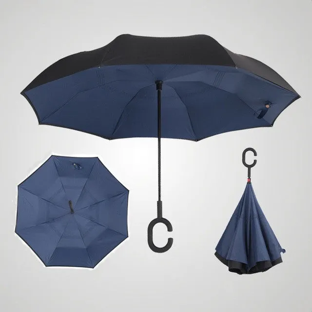 Semi-automatic Windproof Reverse Folding Umbrella Double Layer Inverted Self Stand Out Rain Gear C-Type Handle Hot Sale