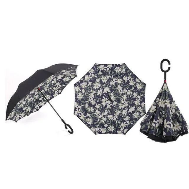 Semi-automatic Windproof Reverse Folding Umbrella Double Layer Inverted Self Stand Out Rain Gear C-Type Handle Hot Sale