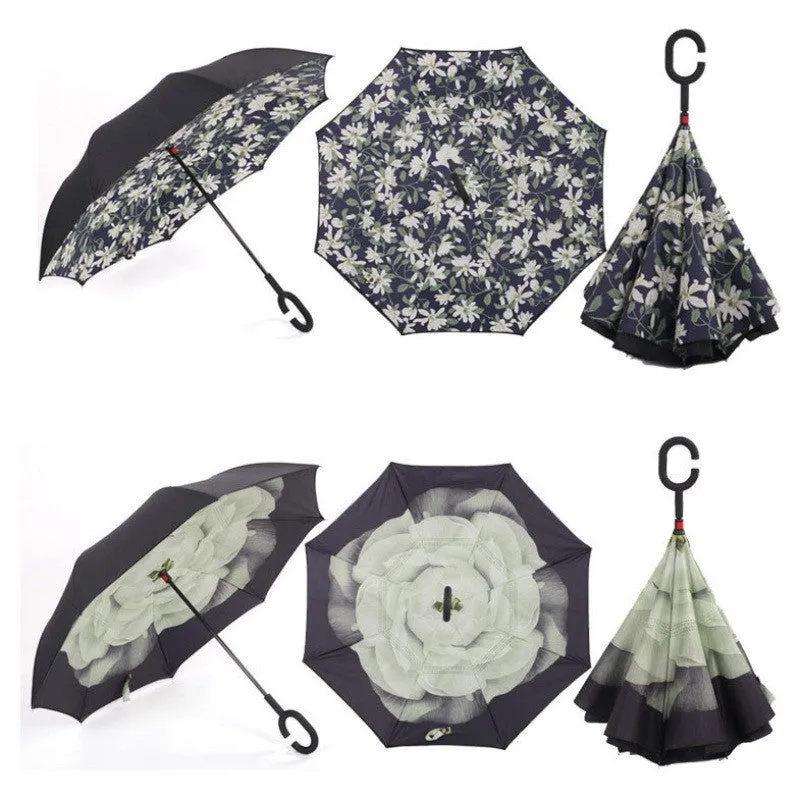 Semi-automatic Windproof Reverse Folding Umbrella Double Layer Inverted Self Stand Out Rain Gear C-Type Handle Hot Sale