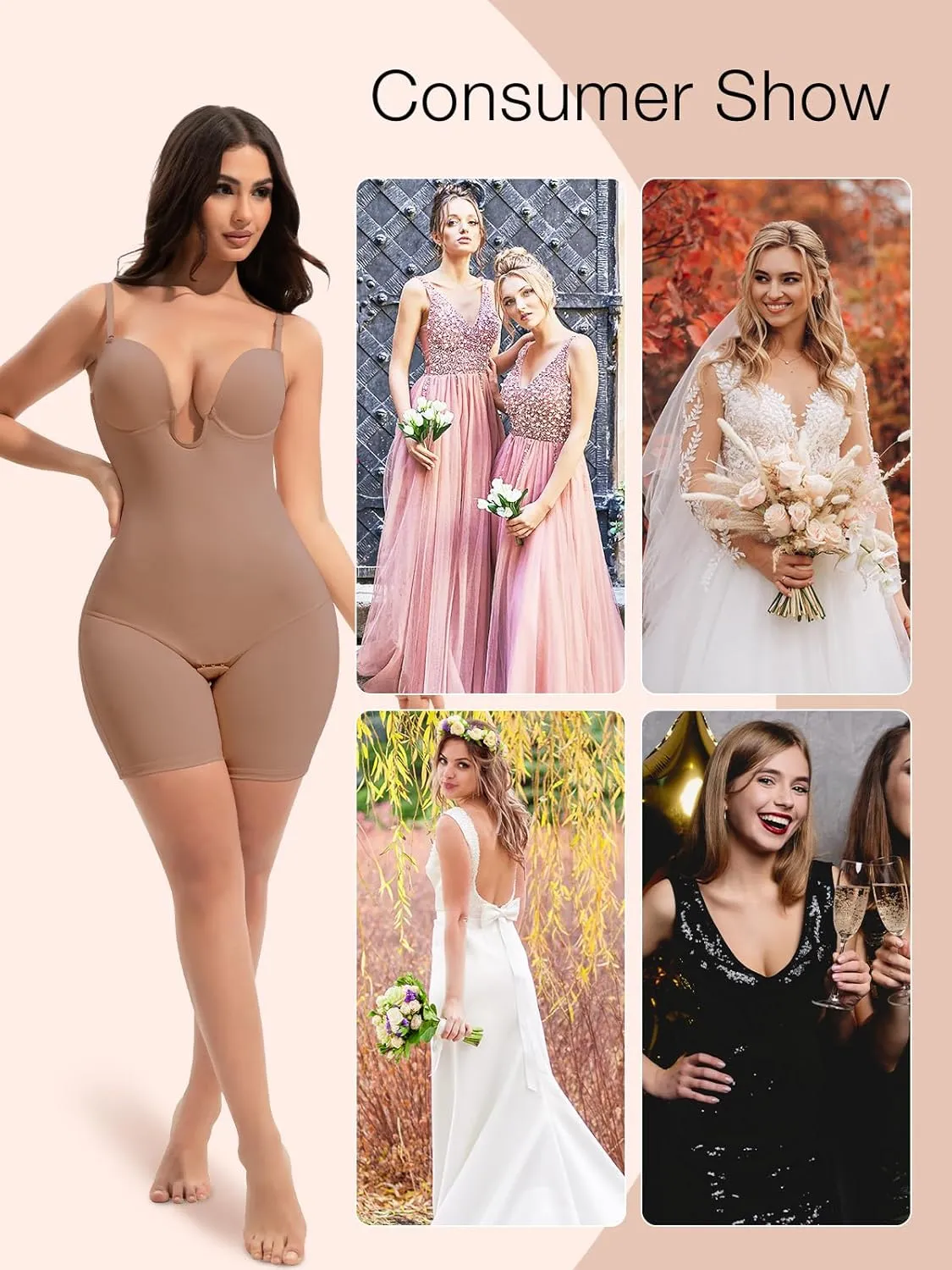 Slimers Backless Shapewear Tummy Control: Low Back Plunge Shapewear Bodysuit - Slimming Built-In Bra Full Body shaper Woman