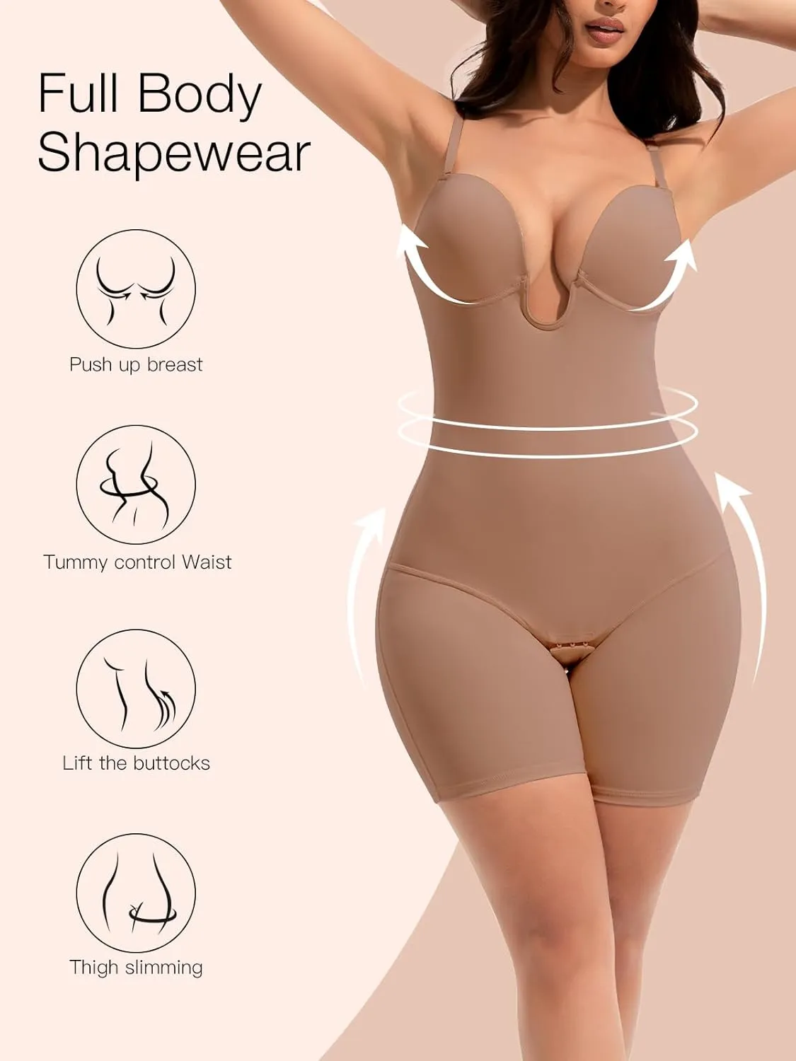Slimers Backless Shapewear Tummy Control: Low Back Plunge Shapewear Bodysuit - Slimming Built-In Bra Full Body shaper Woman