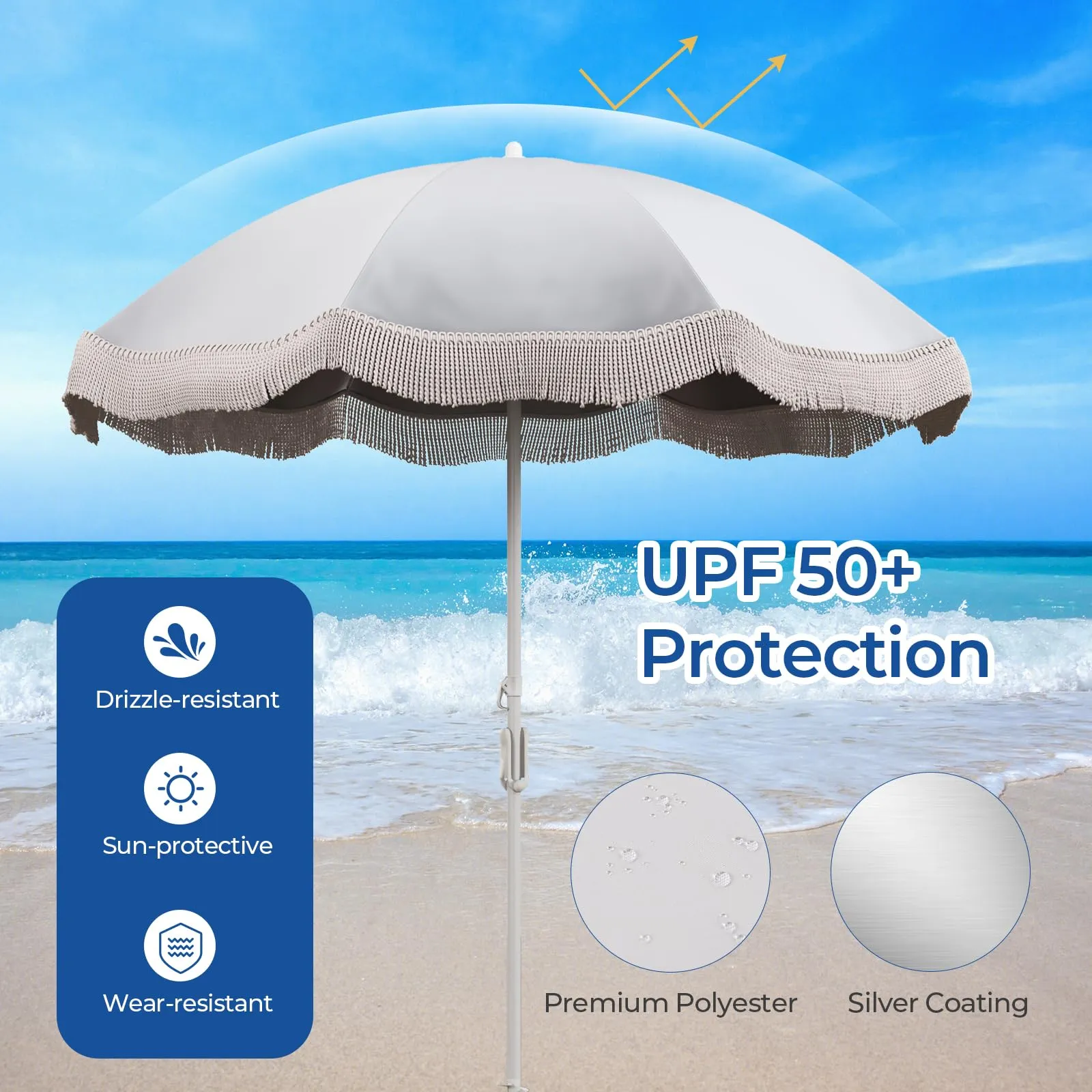 Tangkula 6.5FT Beach Umbrella with Fringe, UPF50  Outdoor Boho Umbrella with Tassels, Push Button Tilt