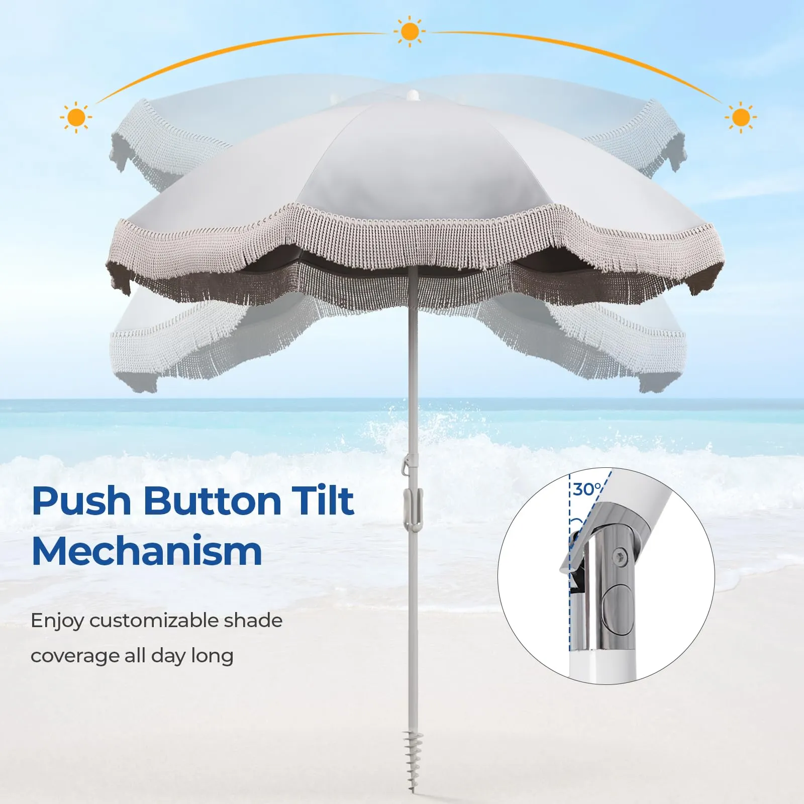 Tangkula 6.5FT Beach Umbrella with Fringe, UPF50  Outdoor Boho Umbrella with Tassels, Push Button Tilt