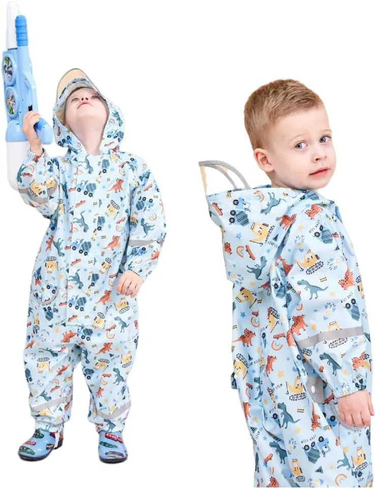 Toddler Kids Rain Suit with Hood - Waterproof Coverall One Piece for Kids (1-9 Years)