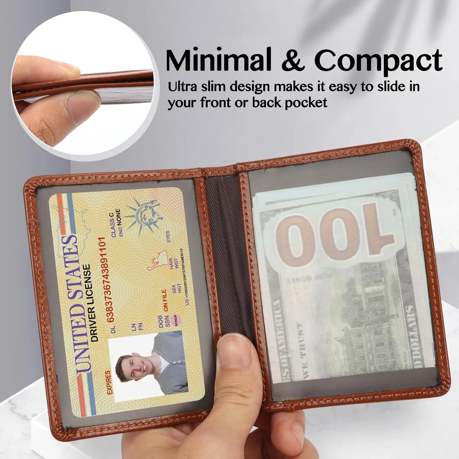 Unaone Slim Minimalist Wallet - Premium Leather Card Holder RFID Blocking Card Case with 8 Card Slots and 2 ID Window, Crackle Brown