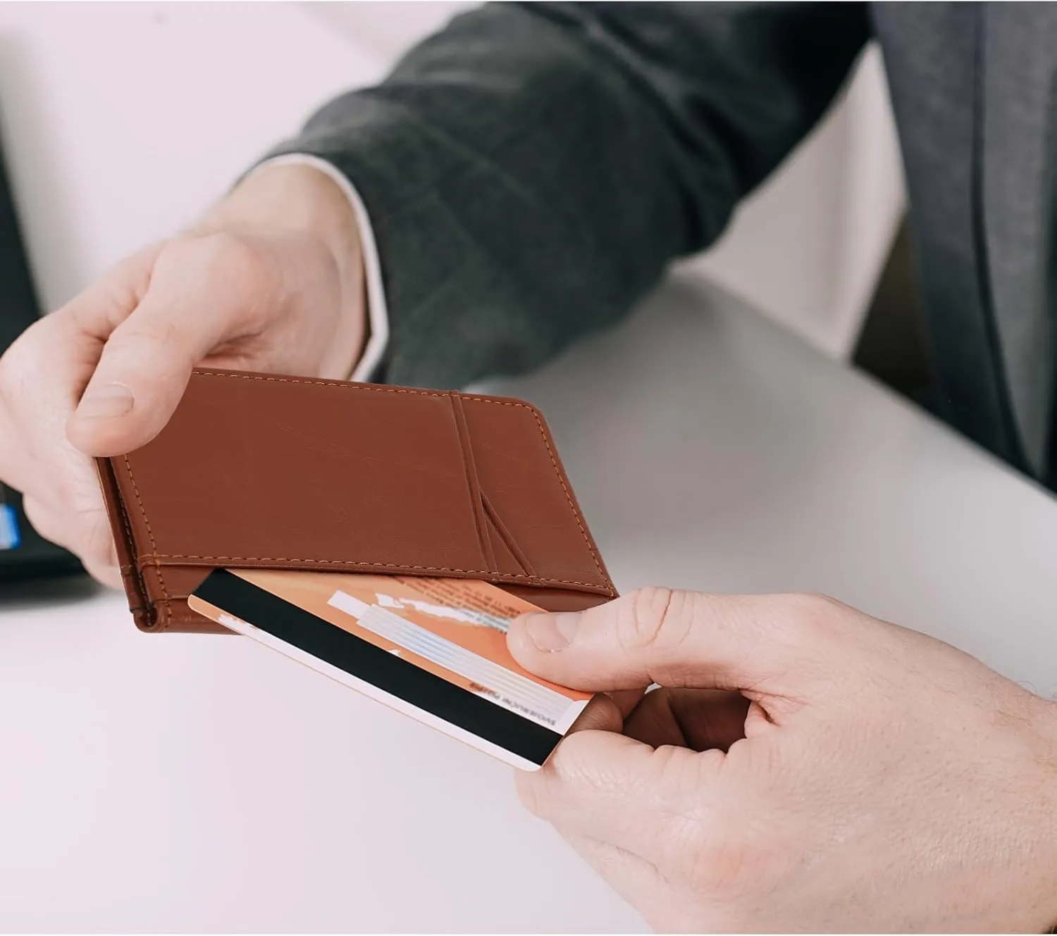 Unaone Slim Minimalist Wallet - Premium Leather Card Holder RFID Blocking Card Case with 8 Card Slots and 2 ID Window, Crackle Brown