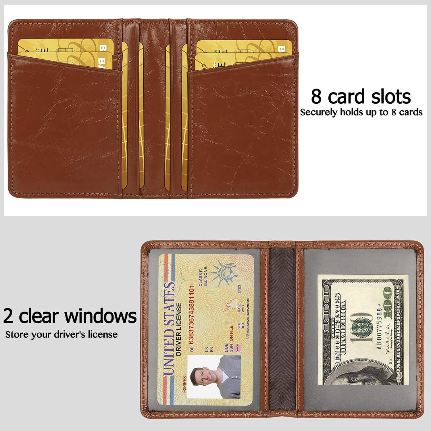 Unaone Slim Minimalist Wallet - Premium Leather Card Holder RFID Blocking Card Case with 8 Card Slots and 2 ID Window, Crackle Brown