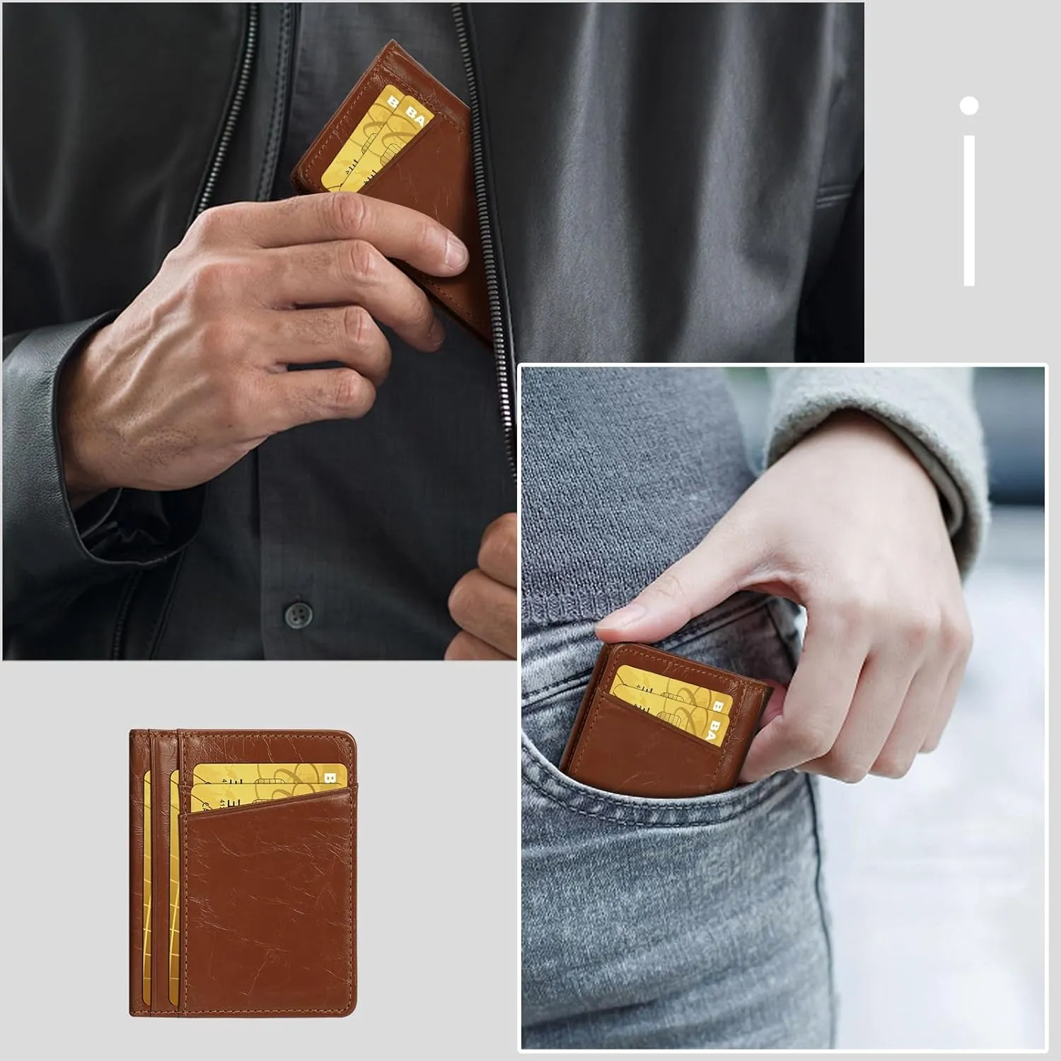 Unaone Slim Minimalist Wallet - Premium Leather Card Holder RFID Blocking Card Case with 8 Card Slots and 2 ID Window, Crackle Brown