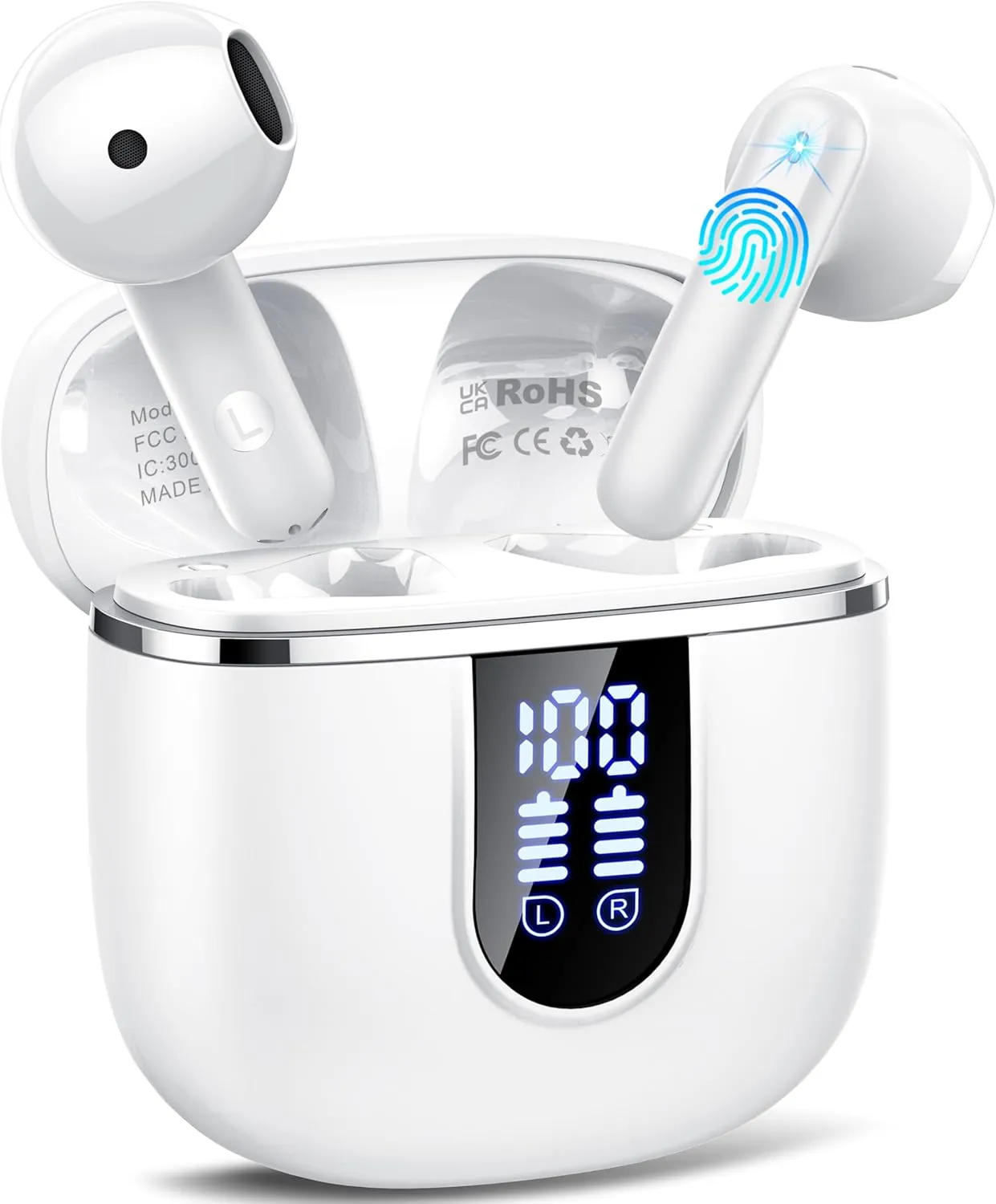 Wireless Earbuds, 2025 Bluetooth 5.4 Headphones in Ear Buds 3D Bass Stereo, 40H Ultralight Bluetooth Earbuds with 4 ENC Noise Cancelling Mic, USB-C, IP7 Waterproof Earphones for Android iOS Pad, White