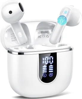 Wireless Earbuds, 2025 Bluetooth 5.4 Headphones in Ear Buds 3D Bass Stereo, 40H Ultralight Bluetooth Earbuds with 4 ENC Noise Cancelling Mic, USB-C, IP7 Waterproof Earphones for Android iOS Pad, White
