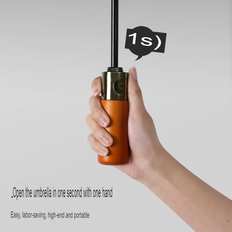 Wooden handle 16-bone fully automatic umbrella for men, foldable, shrinkable, extra large, reinforced, thickened, strong, wind-resistant and rain-resistant