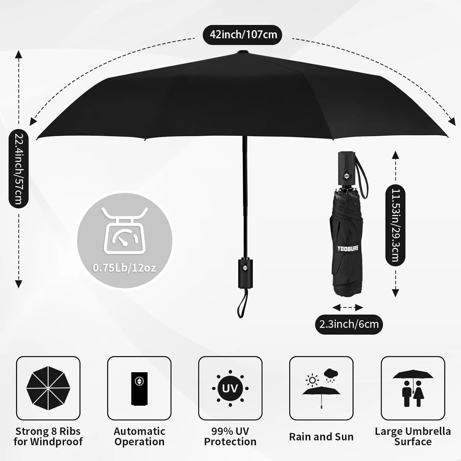 Yoobure Windproof Travel Umbrella, Automatic Umbrellas for Rain - Compact Folding Umbrella with UV Protection, Lightweight Portable Design for Backpack/Walking/Car, Sun & Storm Ready