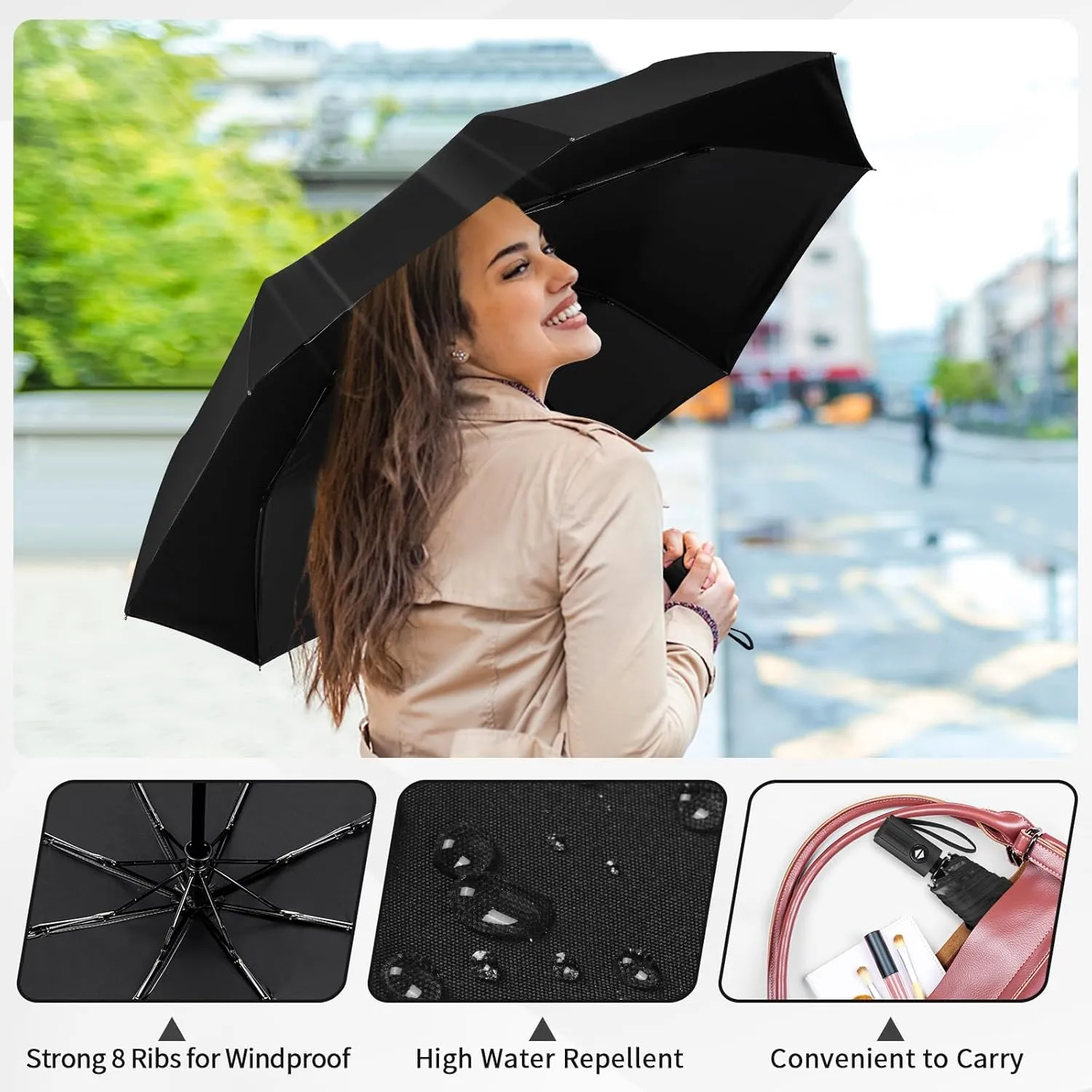 Yoobure Windproof Travel Umbrella, Automatic Umbrellas for Rain - Compact Folding Umbrella with UV Protection, Lightweight Portable Design for Backpack/Walking/Car, Sun & Storm Ready